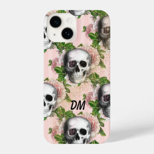 Gothic Pink Floral Skull Gold Glitter Monogram iPhone 14 Hoesje