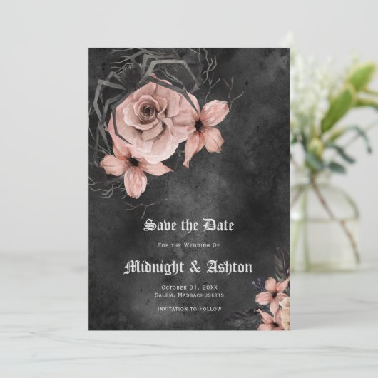 Gothic Pink Floral Spider Save the Date Invitation (Staand voorkant)