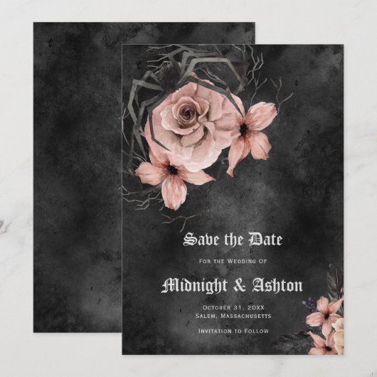 Gothic Pink Floral Spider Save the Date Invitation (Voorkant / Achterkant)