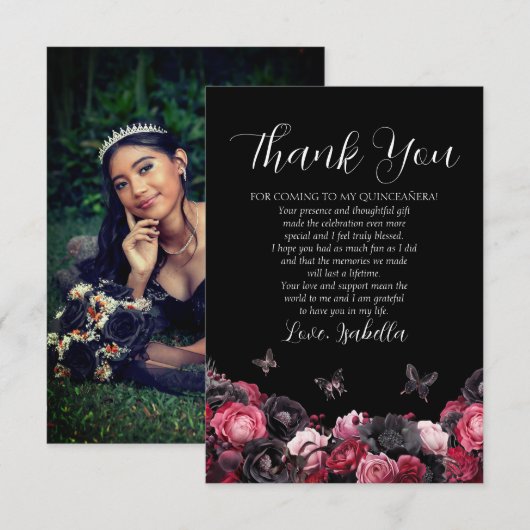 Gothic Pink Red & Black Moody Quinceañera Bedankkaart (Voorkant / Achterkant)