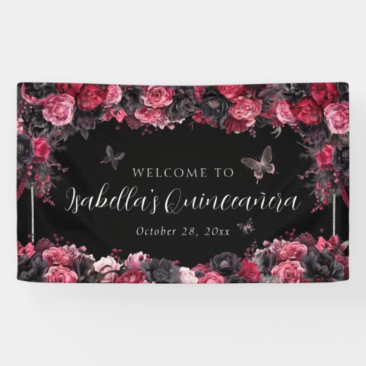 Gothic Pink Red & Black Moody Quinceañera Spandoek (Horizontaal)