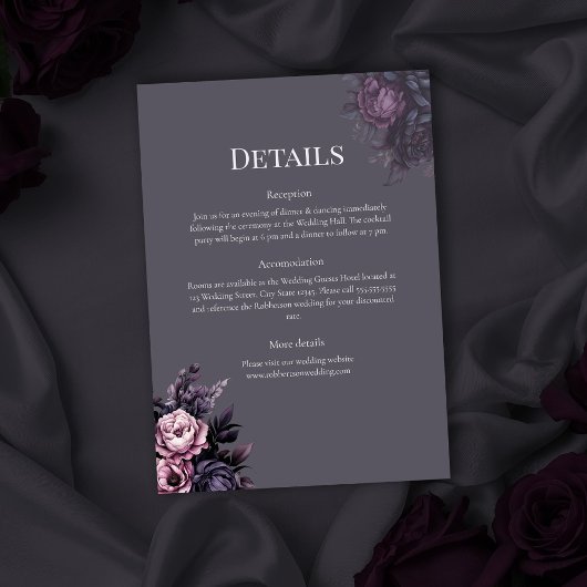 Gothic Plum Floral Wedding Details Card Kaart