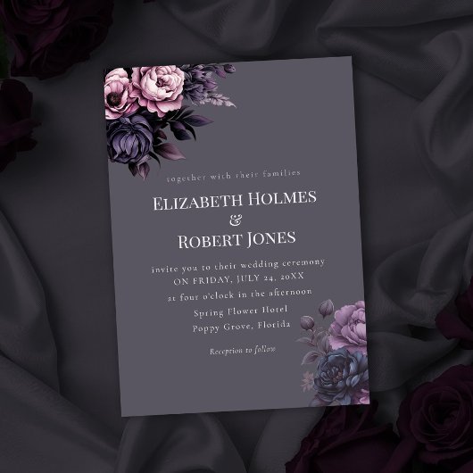 Gothic Plum Floral Wedding Invitation Kaart
