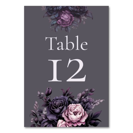 Gothic Plum Floral Wedding Table Number Kaart (Voorkant)