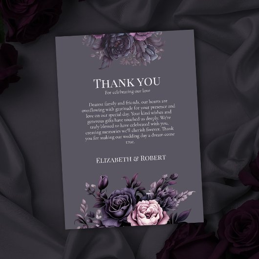 Gothic Plum Floral Wedding Thank You Card Bedankkaart