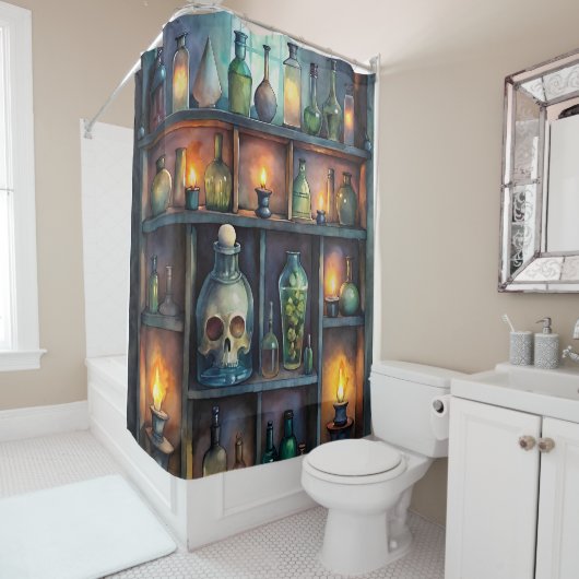 Gothic Potion Bottles – Dark Apothecary Douchegordijn (In situ)