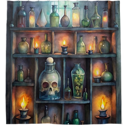 Gothic Potion Bottles – Dark Apothecary Douchegordijn (Voorkant)