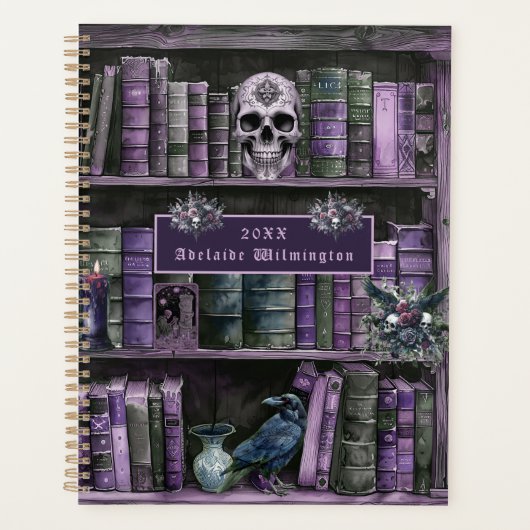 Gothic Purple Bookshelf Skull Personalized Planner (Voorkant)