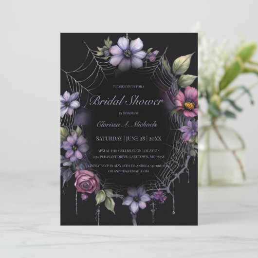 Gothic Purple Floral Spider Web Bridal Shower Kaart (Staand voorkant)