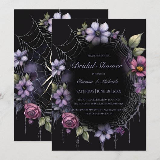 Gothic Purple Floral Spider Web Bridal Shower Kaart (Voorkant / Achterkant)