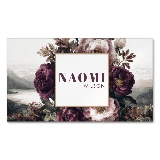 Gothic Purple Peony Lake Landscape Gold Frame Magnetisch Visitekaartje (Voorkant)