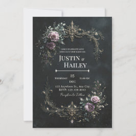 Gothic Purple Rose Gold Filigree Wedding Kaart