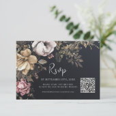 Gothic QR Code Bloemen Zwart Bruiloft RSVP Kaartje (Staand voorkant)