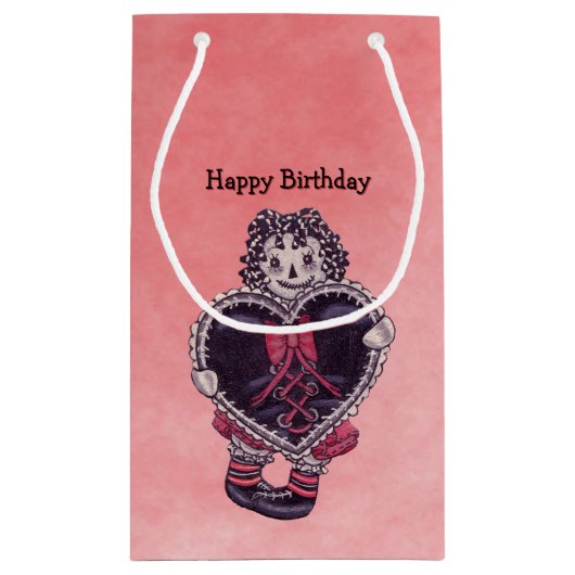 Gothic Rag Doll Met Zwart Hart Op Roze Verjaardag Klein Cadeauzakje (Achterkant)