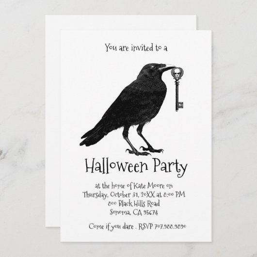 Gothic Raven and Skeleton Key Halloween Party Kaart (Voorkant / Achterkant)
