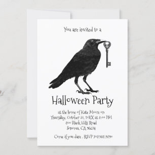 Gothic Raven and Skeleton Key Halloween Party Kaart