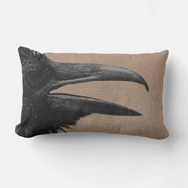 Gothic Raven Bird & Faux Burlap Kussen (Voorkant)
