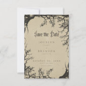 Gothic Raven Boom Engraving Zwart Tan Bruiloft Save The Date (Voorkant)