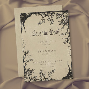 Gothic Raven Boom Engraving Zwart Tan Bruiloft Save The Date