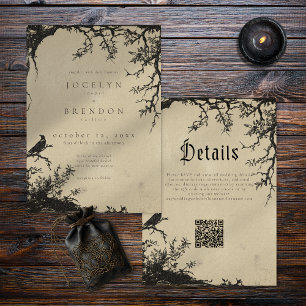 Gothic Raven Boom Gravure Zwart Tan Bruiloft Kaart