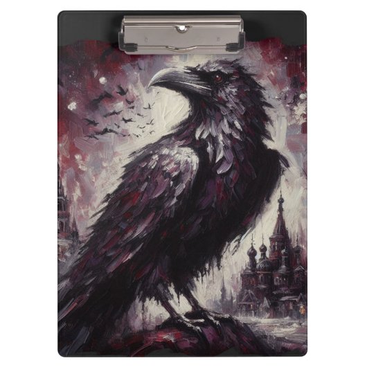 Gothic Raven Crow Bird Schilderij Zwart Grijs Klembord (Voorkant)