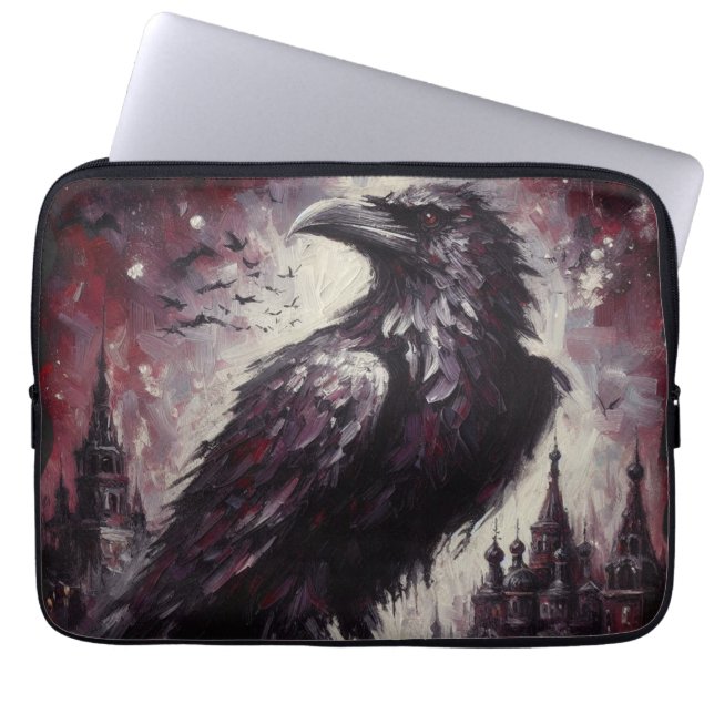 Gothic Raven Crow Bird Schilderij Zwart Grijs Laptop Sleeve (Voorkant)