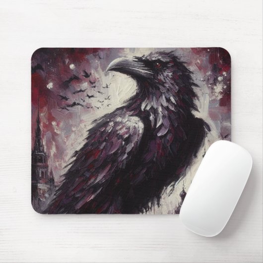 Gothic Raven Crow Bird Schilderij Zwart Grijs Muismat (Met muis)