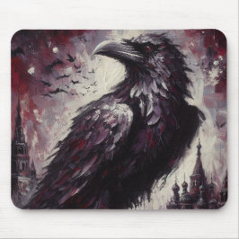Gothic Raven Crow Bird Schilderij Zwart Grijs Muismat
