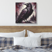 Gothic Raven Crow Bird Schilderij Zwart Rood Kunst