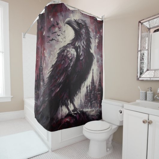 Gothic Raven Crow Bird Schilderij Zwart Rood Kunst Douchegordijn (In situ)