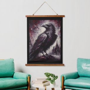 Gothic Raven Crow Bird Schilderij Zwart Rood Kunst Hangend Wandkleed