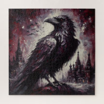Gothic Raven Crow Bird Schilderij Zwart Rood Kunst