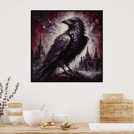Gothic Raven Crow Bird Schilderij Zwart Rood Kunst Poster (Keuken)