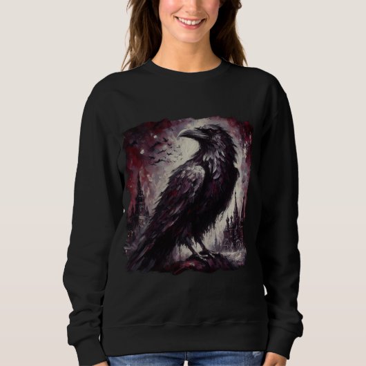Gothic Raven Crow Bird Schilderij Zwart Rood Kunst Trui (Voorkant)