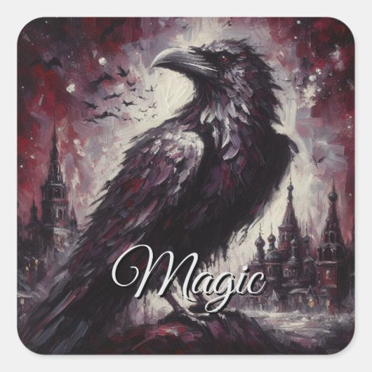 Gothic Raven Crow Bird Schilderij Zwart Rood Kunst Vierkante Sticker (Voorkant)