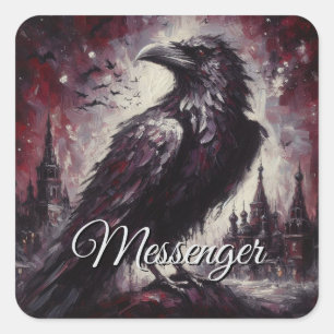 Gothic Raven Crow Bird Schilderij Zwart Rood Kunst Vierkante Sticker