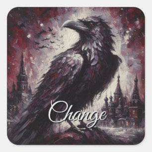 Gothic Raven Crow Bird Schilderij Zwart Rood Kunst Vierkante Sticker