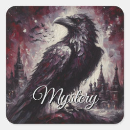 Gothic Raven Crow Bird Schilderij Zwart Rood Kunst Vierkante Sticker