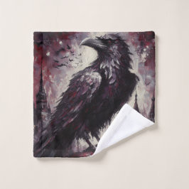 Gothic Raven Crow Bird Schilderij Zwart Rood Kunst Washandje