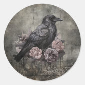 Gothic Raven Dark Academia Floral Ronde Sticker (Voorkant)
