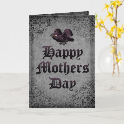 Gothic Raven en Vogelschedel Moederdag Kaart (Gele Bloem)