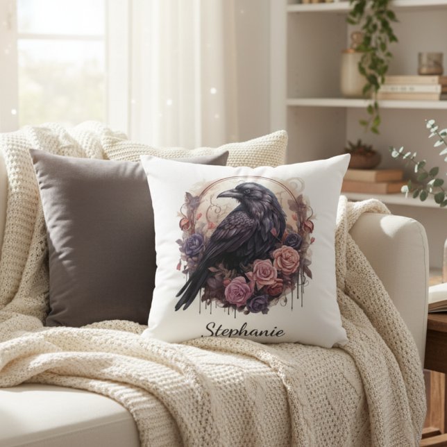 Gothic Raven Floral Dark Academia Kussen (Raven with roses personalized pillow)