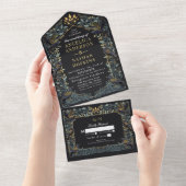 Gothic Raven Floral Wedding All In One Uitnodiging (Afscheurbaar)