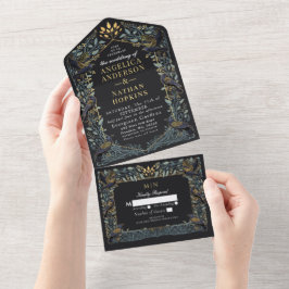 Gothic Raven Floral Wedding All In One Uitnodiging