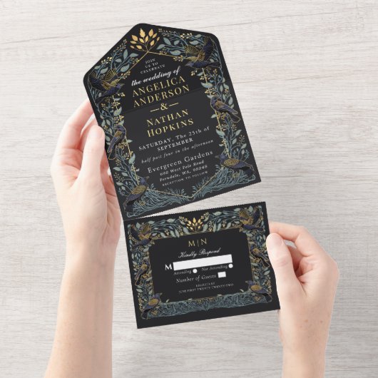 Gothic Raven Floral Wedding All In One Uitnodiging (Afscheurbaar)