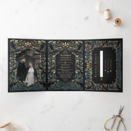 Gothic Raven Floral Wedding Drieluik Uitnodiging