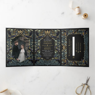 Gothic Raven Floral Wedding Drieluik Uitnodiging
