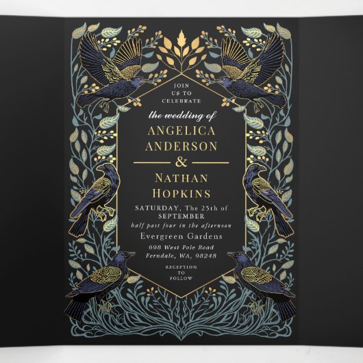 Gothic Raven Floral Wedding Drieluik Uitnodiging (Binnenkant midden)