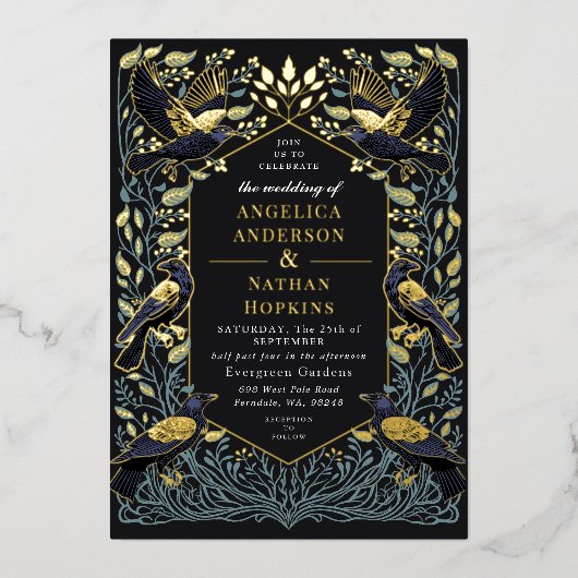 Gothic Raven Floral Wedding Folie Uitnodiging (Voorkant)
