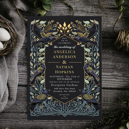 Gothic Raven Floral Wedding Kaart